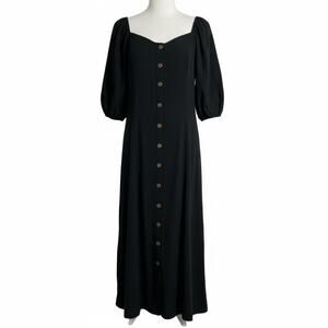 LelaSilk Black Linen Button Front Midi Dress Puff Sleeve Custom Cottagecore